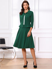 2 Piece 3/4 Sleeve Cropped Belted Blazer and Pleated Skirt Business Suit Sets