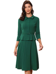 2 Piece 3/4 Sleeve Cropped Belted Blazer and Pleated Skirt Business Suit Sets