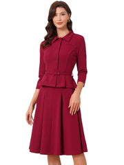 2 Piece 3/4 Sleeve Cropped Belted Blazer and Pleated Skirt Business Suit Sets