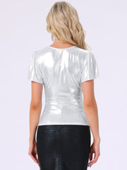 V Neck Ruffle Short Sleeve Shiny Metallic Blouse