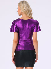 V Neck Ruffle Short Sleeve Shiny Metallic Blouse