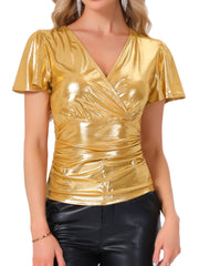 V Neck Ruffle Short Sleeve Shiny Metallic Blouse