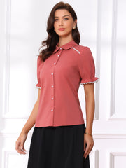 Vintage Peter Pan Collar Blouse Short Sleeve Button Down Shirt