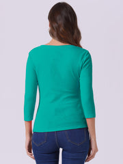 V Neck 3/4 Sleeves Solid Knitted Button Decor Ruched Blouse