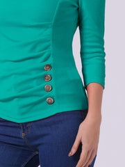 V Neck 3/4 Sleeves Solid Knitted Button Decor Ruched Blouse