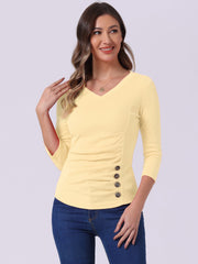 V Neck 3/4 Sleeves Solid Knitted Button Decor Ruched Blouse