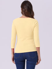 V Neck 3/4 Sleeves Solid Knitted Button Decor Ruched Blouse
