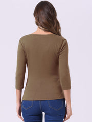 V Neck 3/4 Sleeves Solid Knitted Button Decor Ruched Blouse