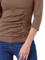 V Neck 3/4 Sleeves Solid Knitted Button Decor Ruched Blouse