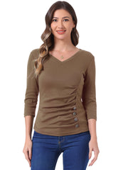V Neck 3/4 Sleeves Solid Knitted Button Decor Ruched Blouse