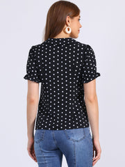 Polka Dot Short Puff Sleeve Button Up Peter Pan Collar Blouse