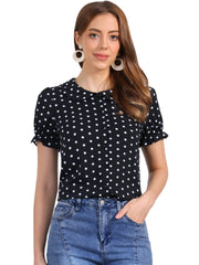 Polka Dot Short Puff Sleeve Button Up Peter Pan Collar Blouse