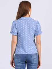 Polka Dot Short Puff Sleeve Button Up Peter Pan Collar Blouse