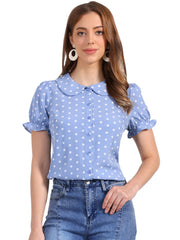 Polka Dot Short Puff Sleeve Button Up Peter Pan Collar Blouse