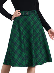Christmas Tartan Plaid High Waist Belted Vintage A-Line Midi Skirt