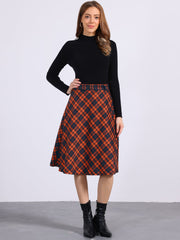 Christmas Tartan Plaid High Waist Belted Vintage A-Line Midi Skirt