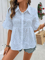 Eyelet Mid Sleeves Button Down Babydoll Blouse