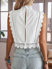 Lace Trim Embroidered Sleeveless Cropped Blouse