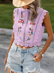Lace Trim Embroidered Sleeveless Cropped Blouse
