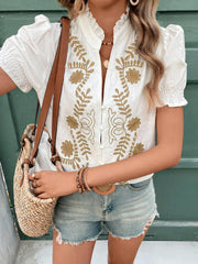 Floral Embroidered Rufffled Short Sleeve Blouse