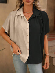 Colorblock Button Down Short Sleeves Casual Blouse