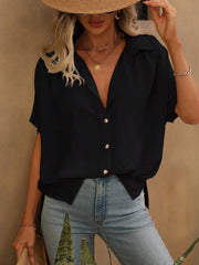 Colorblock Button Down Short Sleeves Casual Blouse