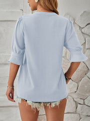 Solid Color V Neck 3/4 Sleeve Casual Blouse