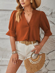 Solid Color V Neck 3/4 Sleeve Casual Blouse