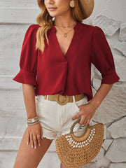 Solid Color V Neck 3/4 Sleeve Casual Blouse