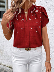 Notch Neck Embroidered Floral Casual Blouse