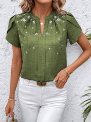 Notch Neck Embroidered Floral Casual Blouse