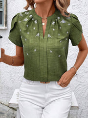 Notch Neck Embroidered Floral Casual Blouse