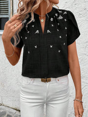 Notch Neck Embroidered Floral Casual Blouse
