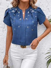 Notch Neck Embroidered Floral Casual Blouse