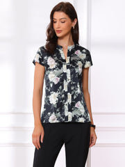 Satin Work Floral Vintage Stand Collar Cap Sleeve Blouse