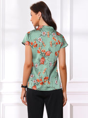Satin Work Floral Vintage Stand Collar Cap Sleeve Blouse