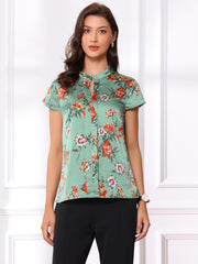 Satin Work Floral Vintage Stand Collar Cap Sleeve Blouse