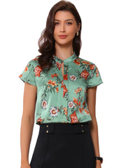 Satin Work Floral Vintage Stand Collar Cap Sleeve Blouse