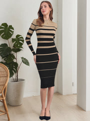 Striped Long Sleeve Crew Neck Bodycon Ribbed Knit Sweater Dress