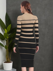 Striped Long Sleeve Crew Neck Bodycon Ribbed Knit Sweater Dress