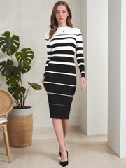 Striped Long Sleeve Crew Neck Bodycon Ribbed Knit Sweater Dress
