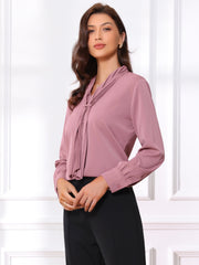 Long Sleeve Chiffon Pleated Tie Neck Office Blouse