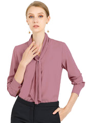 Long Sleeve Chiffon Pleated Tie Neck Office Blouse