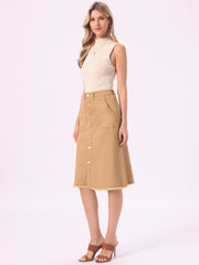 Denim Raw Hem Button Down Midi Jeans Skirt