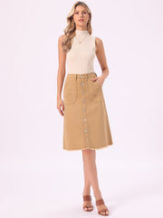Denim Raw Hem Button Down Midi Jeans Skirt