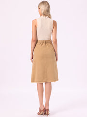 Denim Raw Hem Button Down Midi Jeans Skirt