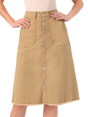 Denim Raw Hem Button Down Midi Jeans Skirt