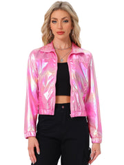 Holographic Long Sleeve Lightweight Zipper Metallic Jacket