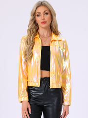 Holographic Long Sleeve Lightweight Zipper Metallic Jacket