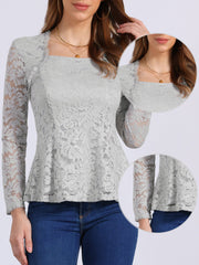 Lace Square Neck Long Sleeve Stertch Peplum Blouse